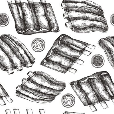 Pork ribs seamless pattern. Traditional German food sketch. Oktoberfest menu design. Hand-drawn meat background for fast food festival. German cuisine pork meal backdrop